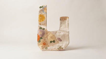 Japanese Ceremonial Silk Knot Bag – The Hana no Tegami, Kiku and Peonies in Cream and Marigold