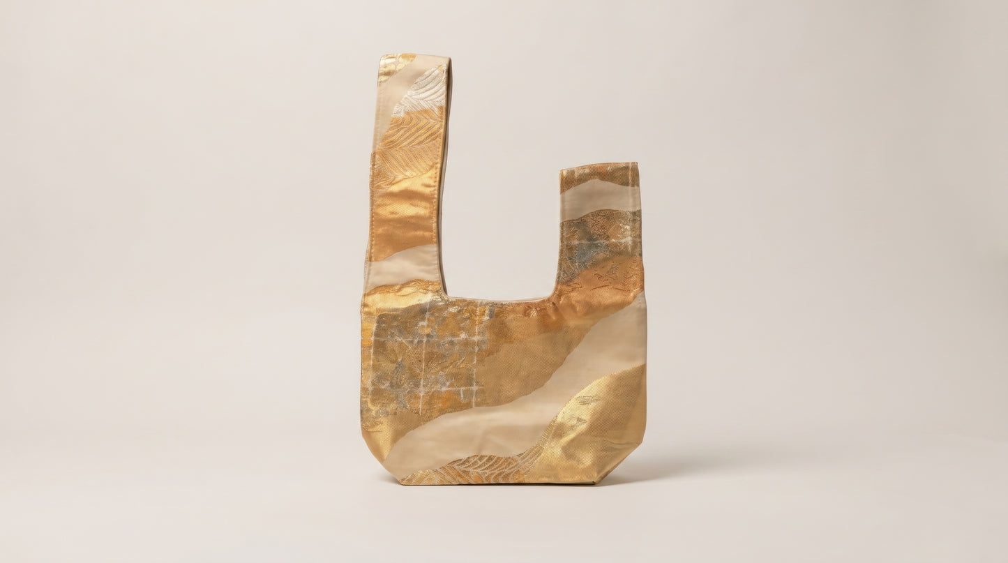 Japanese Ceremonial Silk Knot Bag – The Tsugihagi no Hikari, Patchwork Weaves in Champagne Gold