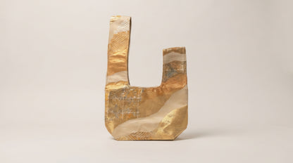 Japanese Ceremonial Silk Knot Bag – The Tsugihagi no Hikari, Patchwork Weaves in Champagne Gold