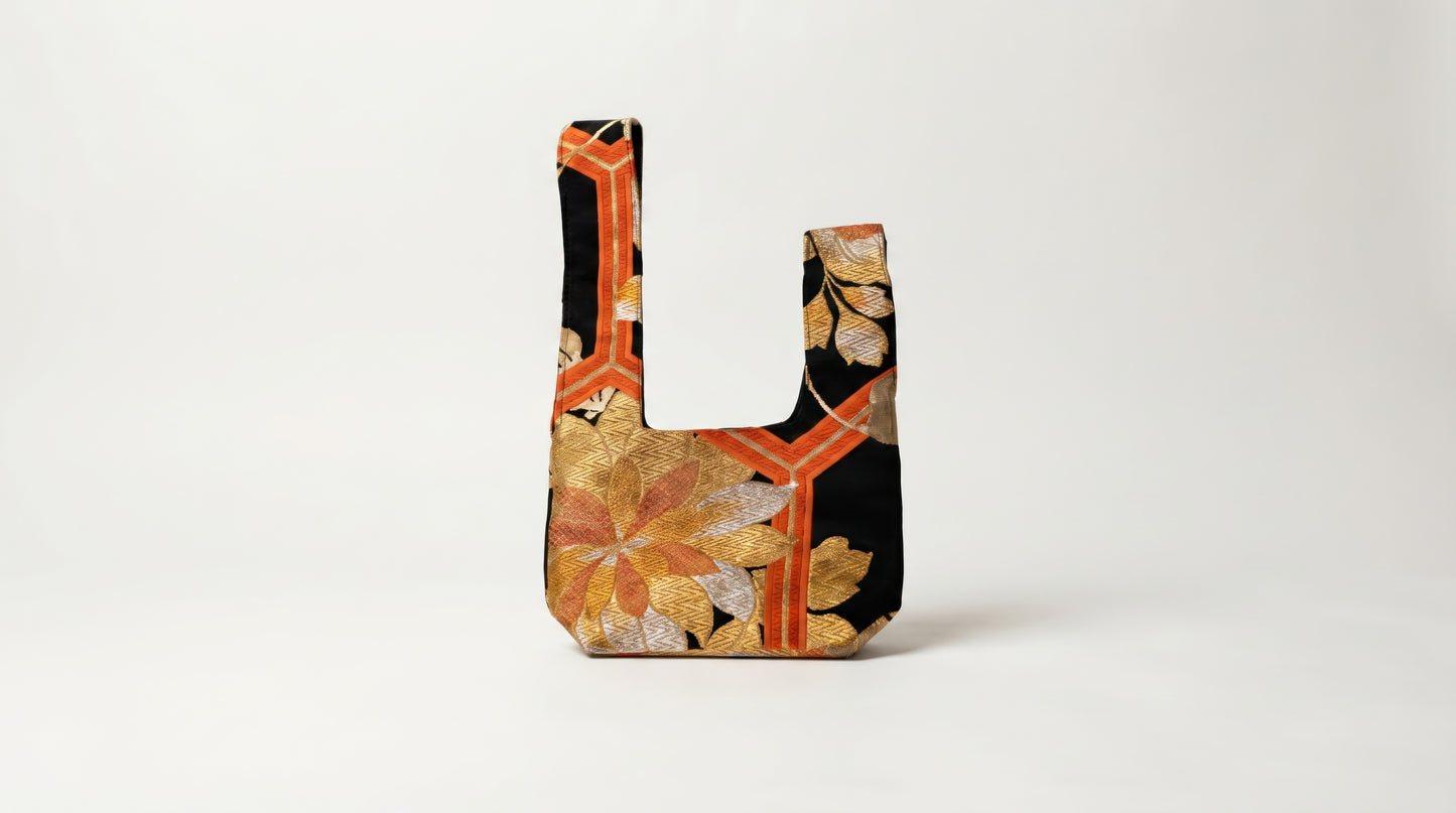 Japanese Ceremonial Silk Knot Bag – The Kikkō no Hana, Kiku and Kikkō Lattice in Black and Vermillion