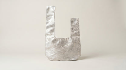 Japanese Ceremonial Silk Knot Bag – The Gin no Ame, Silver Karakusa Damask in Platinum Silver