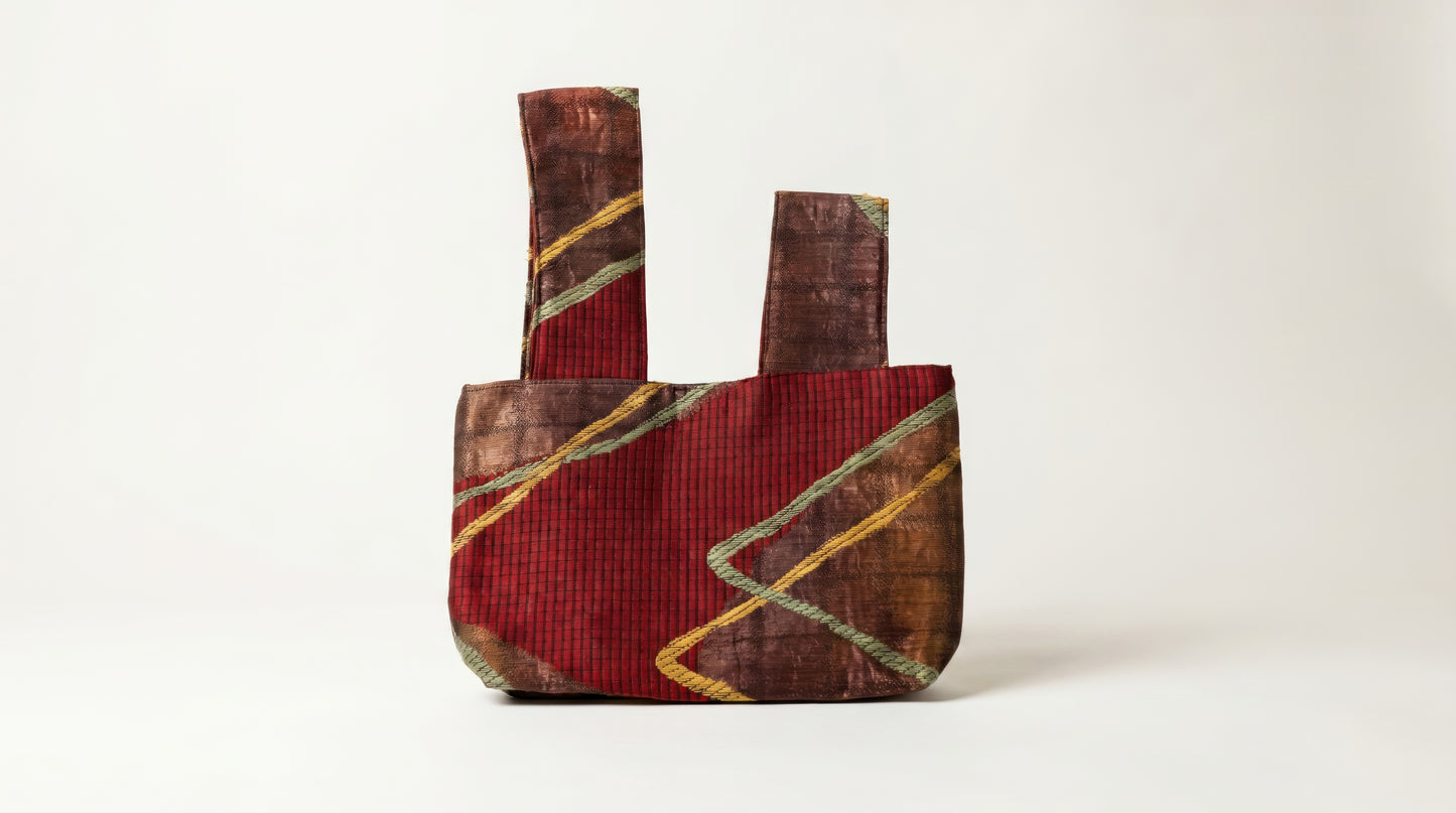 Japanese Ceremonial Silk Knot Bag – The Inazuma, Diagonal Lines on Patchwork in Oxblood and Gold