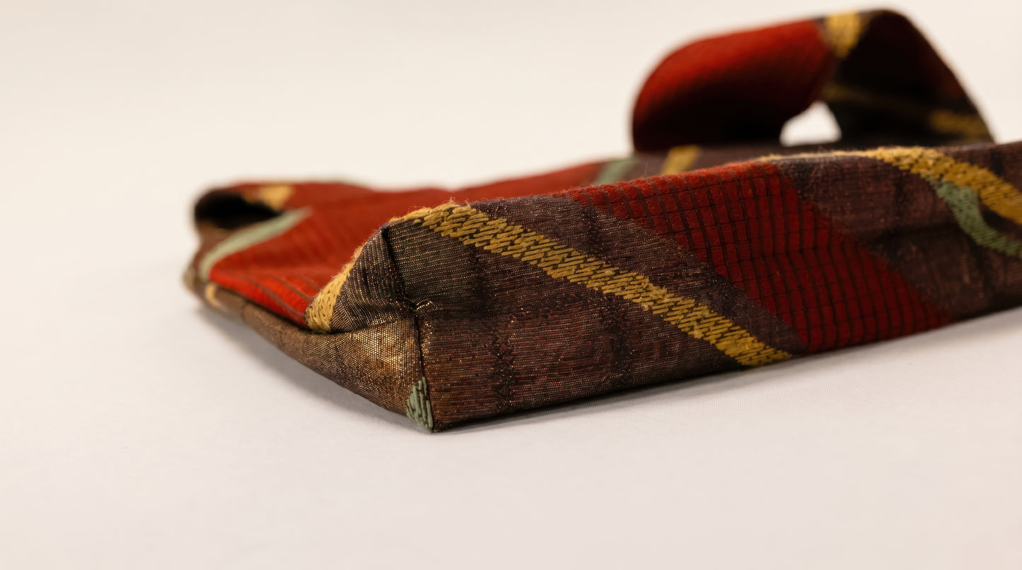 Japanese Ceremonial Silk Knot Bag – The Inazuma, Diagonal Lines on Patchwork in Oxblood and Gold
