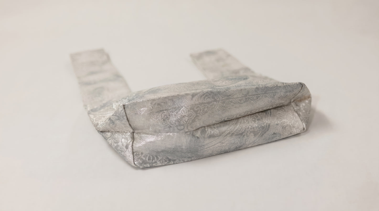 Japanese Ceremonial Silk Knot Bag – The Gin no Ame, Silver Karakusa Damask in Platinum Silver