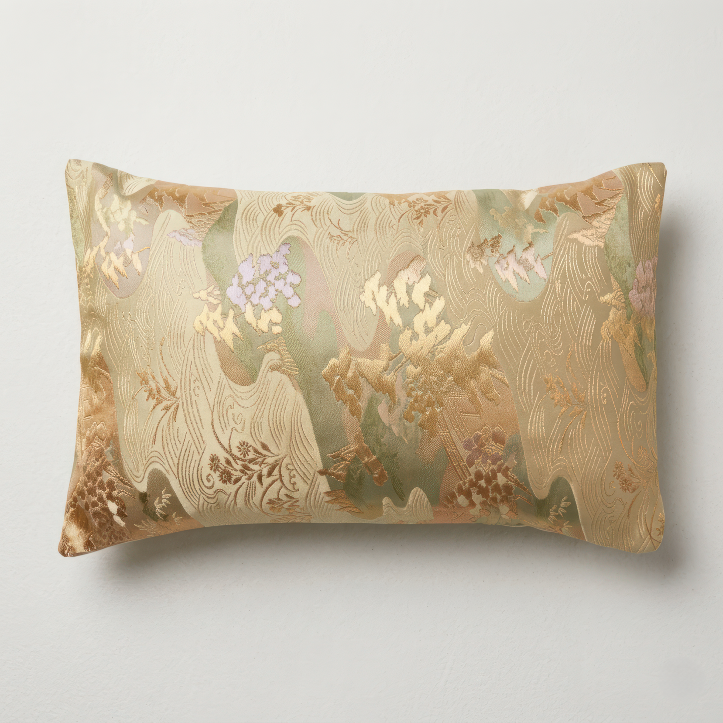 Japanese ceremonial silk lumbar pillow with sansui mountain-water landscape in aged gold and sage — Renaras atelier