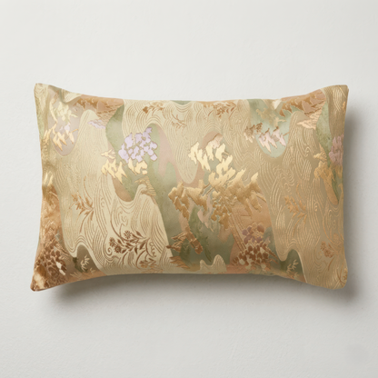 Japanese ceremonial silk lumbar pillow with sansui mountain-water landscape in aged gold and sage — Renaras atelier