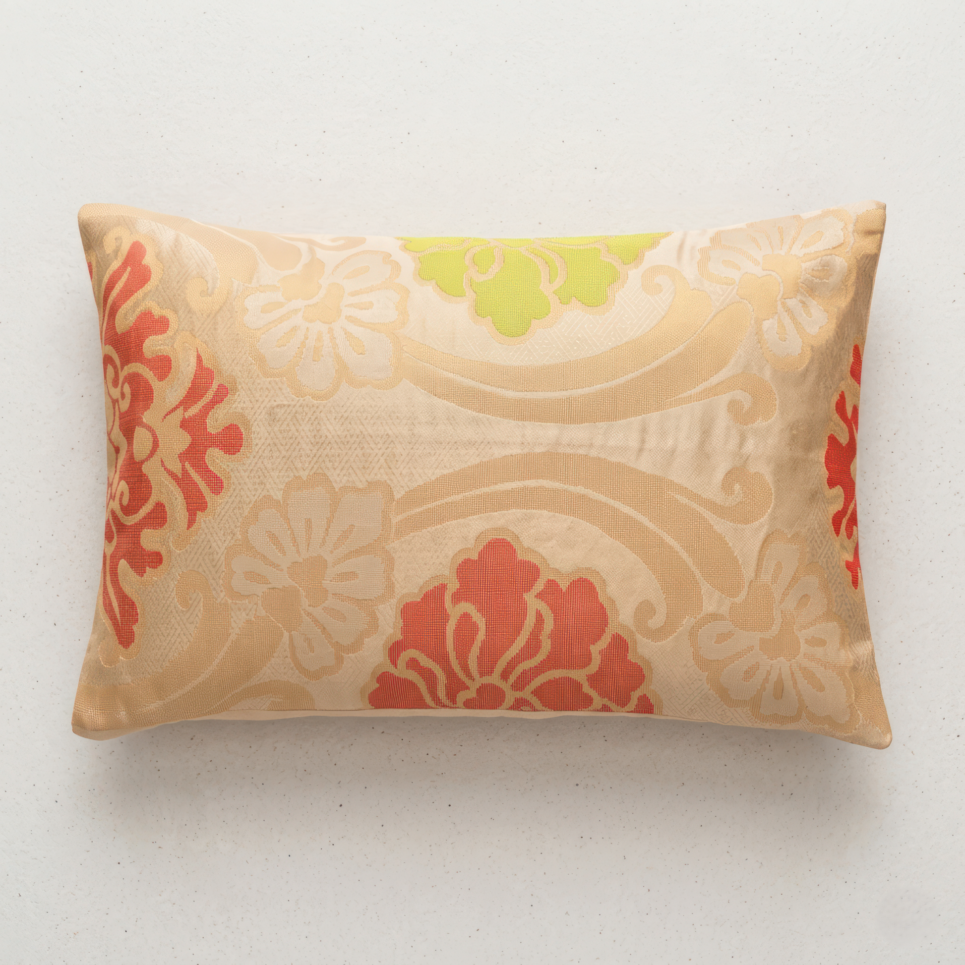 Japanese ceremonial silk lumbar pillow with botan peony in champagne and vermilion — Renaras atelier