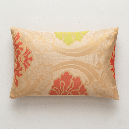 Japanese ceremonial silk lumbar pillow with botan peony in champagne and vermilion — Renaras atelier