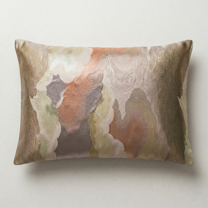 Japanese ceremonial silk lumbar pillow with kumo no niwa cloud garden motif in coral and gold — Renaras atelier