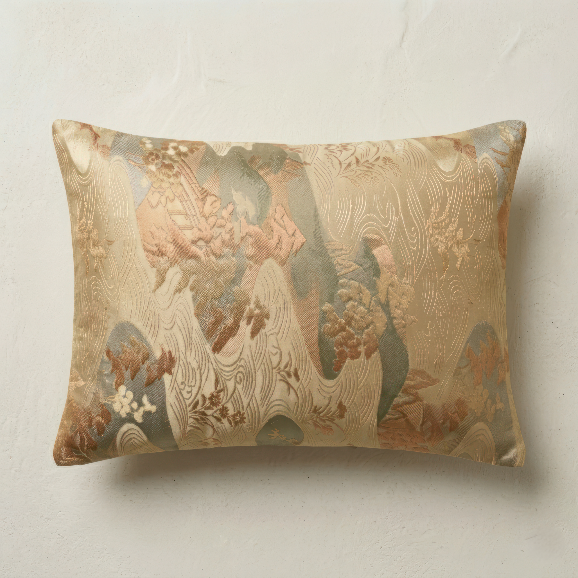 Japanese ceremonial silk lumbar pillow with sansui mountain-water landscape in aged gold and sage — Renaras atelier