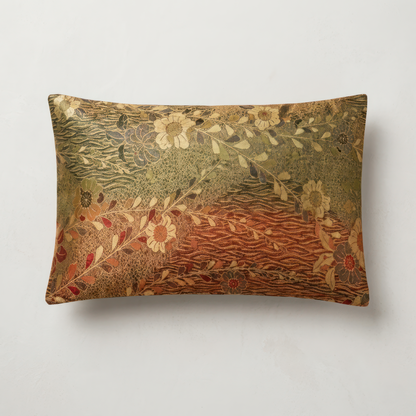 Japanese ceremonial silk lumbar pillow with bokashi gradient green to madder red and chrysanthemum motif — Renaras atelier