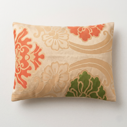 Japanese ceremonial silk lumbar pillow with botan peony in champagne and vermilion — Renaras atelier