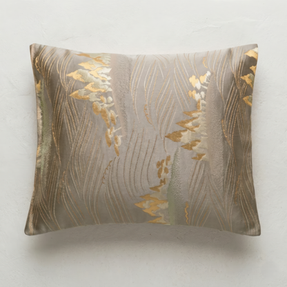 Japanese ceremonial silk lumbar pillow with matsukaze pine motif in pewter and gold — Renaras atelier