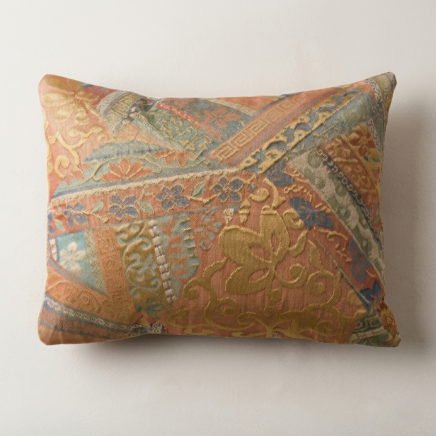Japanese ceremonial silk lumbar pillow with yūsoku court pattern in coral and gold — Renaras atelier