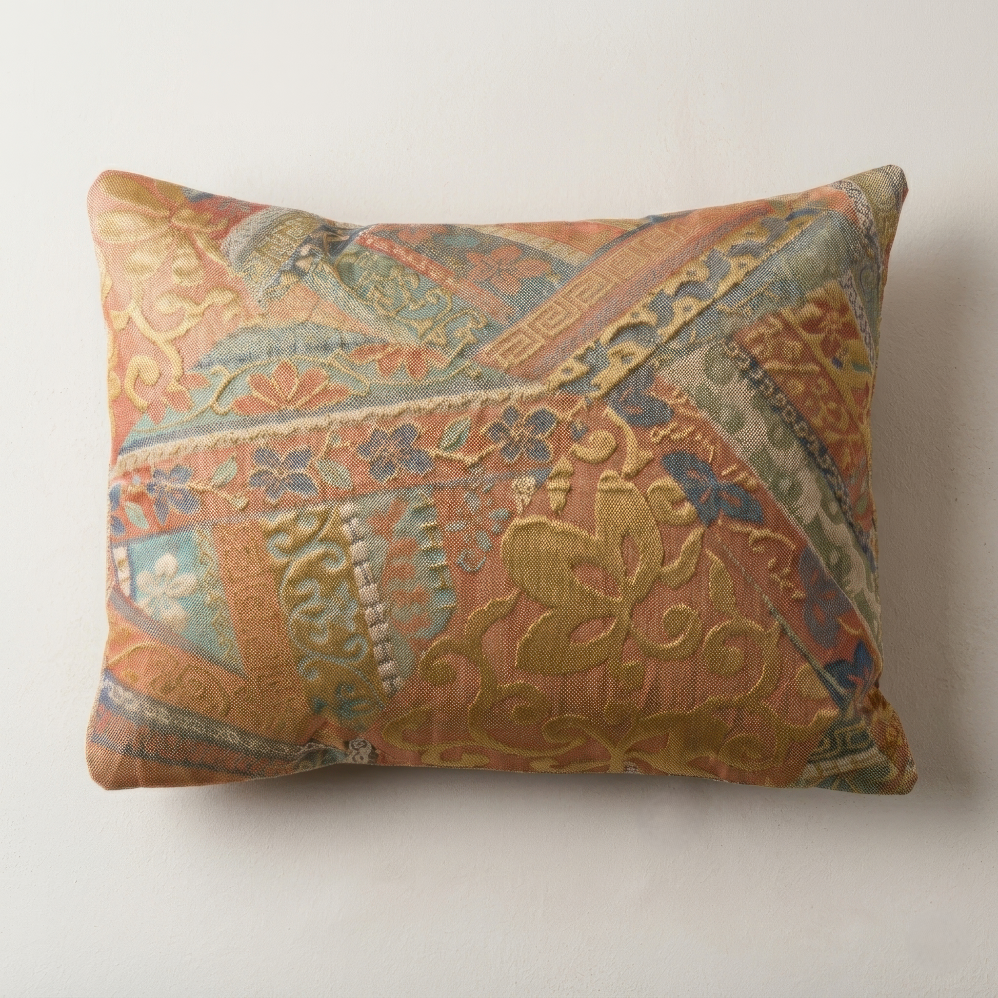 Japanese ceremonial silk lumbar pillow with yūsoku court pattern in coral and gold — Renaras atelier