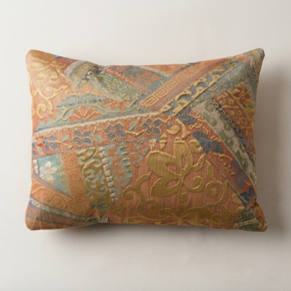 Japanese ceremonial silk lumbar pillow with yūsoku court pattern in coral and gold — Renaras atelier