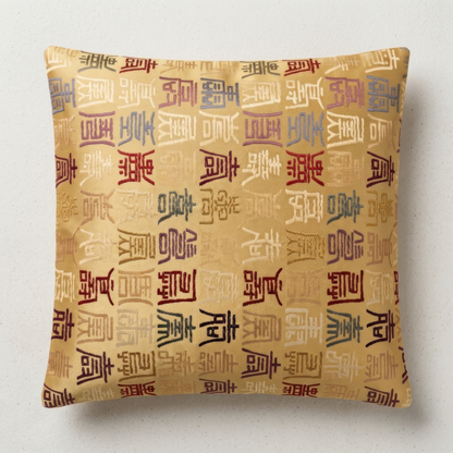 Japanese ceremonial silk lumbar pillow with tenshō seal script in gold and multicolour — Renaras atelier