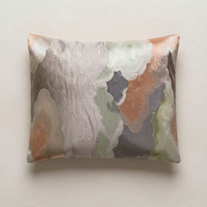 Japanese ceremonial silk lumbar pillow with kumo no niwa cloud garden motif in coral and gold — Renaras atelier