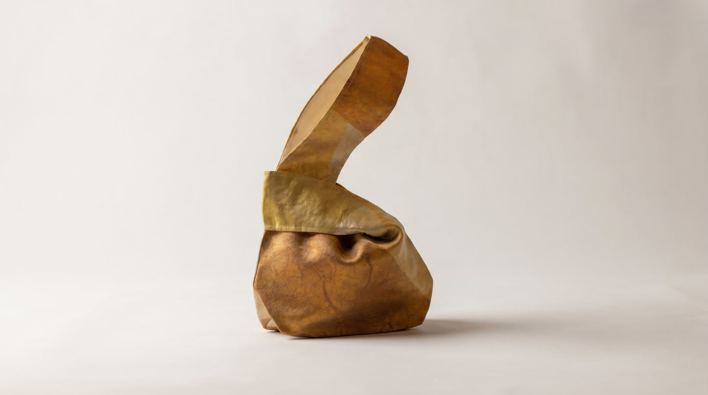 Japanese Ceremonial Silk Knot Bag – The Yamane no Hi, Geometric Patchwork in Mustard and Rust