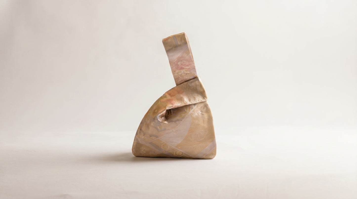 Japanese Ceremonial Silk Knot Bag – The Ōgi to Hana, Patchwork of Classical Motifs in Cream and Dusty Pastels
