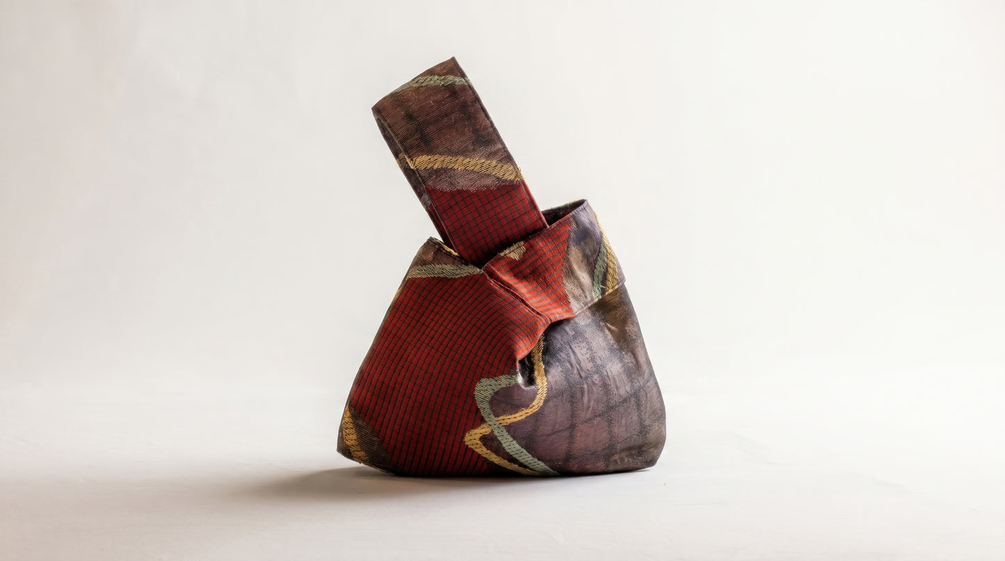 Japanese Ceremonial Silk Knot Bag – The Inazuma, Diagonal Lines on Patchwork in Oxblood and Gold