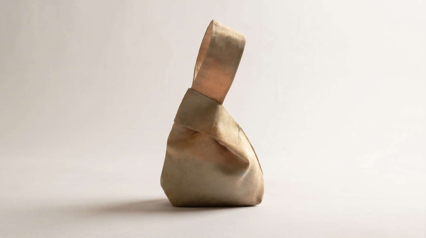 Japanese Ceremonial Silk Knot Bag – The Kasumi no Hi, Plant-Dyed Tonal Field in Camel and Olive