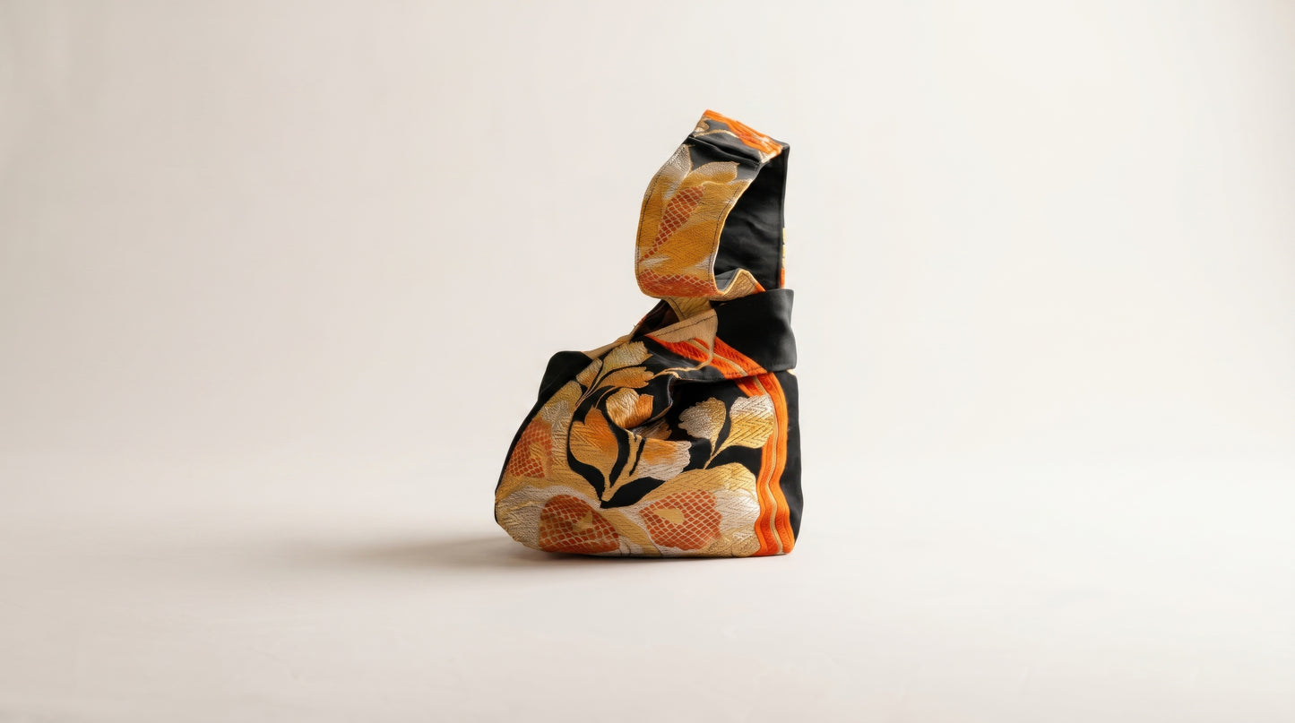 Japanese Ceremonial Silk Knot Bag – The Kikkō no Hana, Kiku and Kikkō Lattice in Black and Vermillion