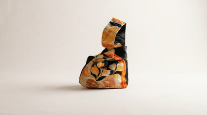 Japanese Ceremonial Silk Knot Bag – The Kikkō no Hana, Kiku and Kikkō Lattice in Black and Vermillion