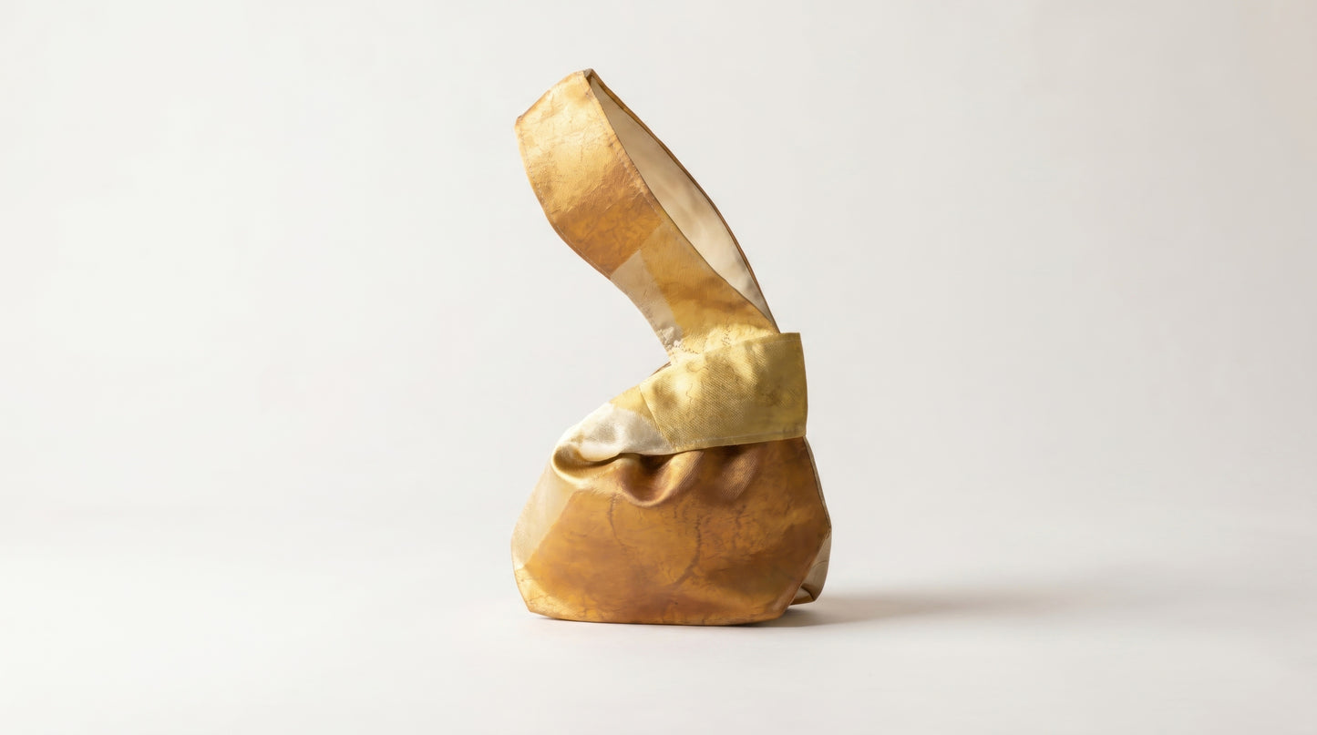 Japanese Ceremonial Silk Knot Bag – The Yamane no Hi, Geometric Patchwork in Mustard and Rust