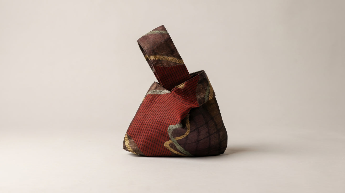 Japanese Ceremonial Silk Knot Bag – The Inazuma, Diagonal Lines on Patchwork in Oxblood and Gold