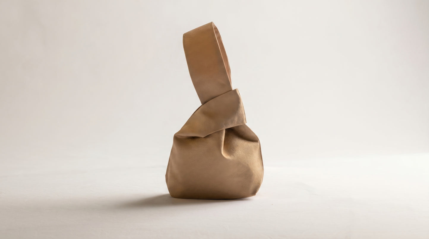 Japanese Ceremonial Silk Knot Bag – The Sude no Iro, Plain Tonal Silk in Biscuit Tan