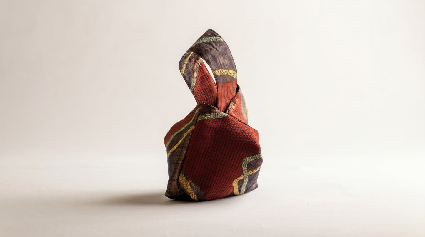 Japanese Ceremonial Silk Knot Bag – The Inazuma, Diagonal Lines on Patchwork in Oxblood and Gold