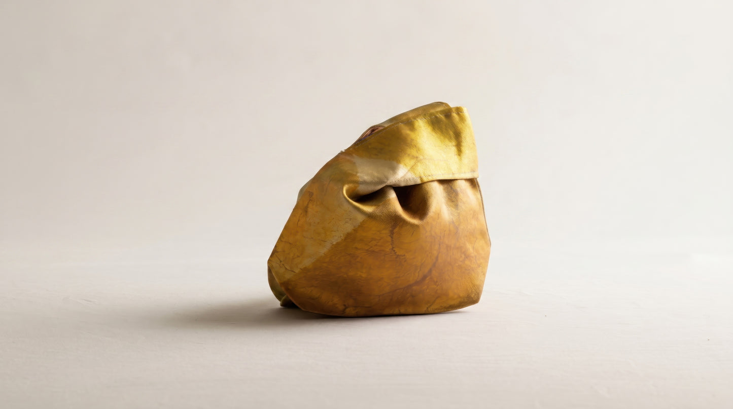 Japanese Ceremonial Silk Knot Bag – The Yamane no Hi, Geometric Patchwork in Mustard and Rust