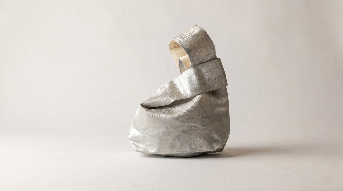 Japanese Ceremonial Silk Knot Bag – The Gin no Ame, Silver Karakusa Damask in Platinum Silver
