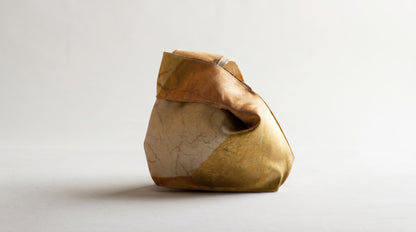 Japanese Ceremonial Silk Knot Bag – The Yamane no Hi, Geometric Patchwork in Mustard and Rust