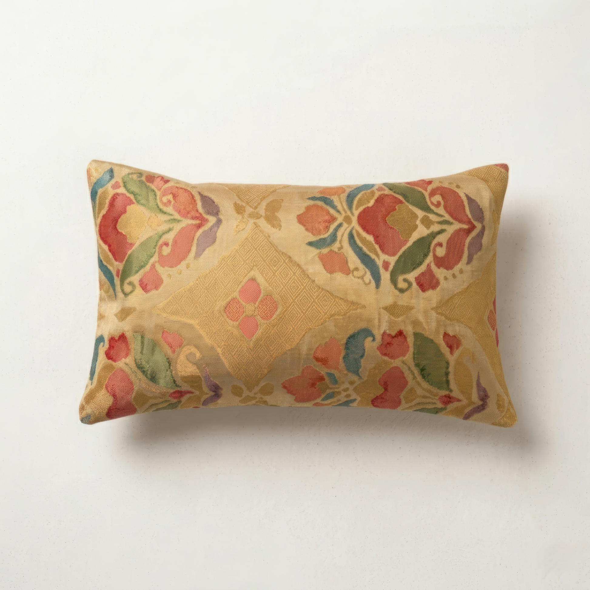 Japanese ceremonial silk lumbar pillow with hōsōge treasure flower in gold and multicolour — Renaras atelier