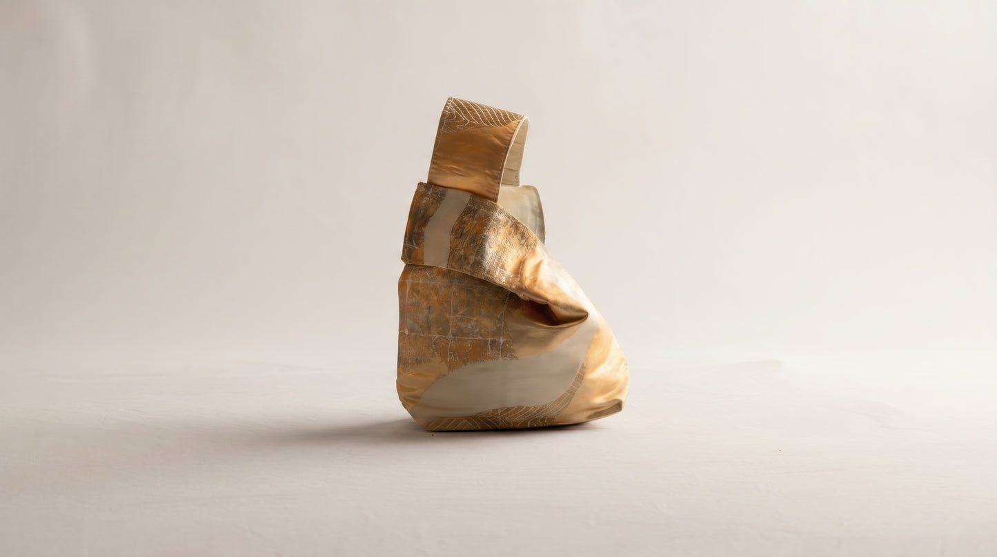 Japanese Ceremonial Silk Knot Bag – The Tsugihagi no Hikari, Patchwork Weaves in Champagne Gold