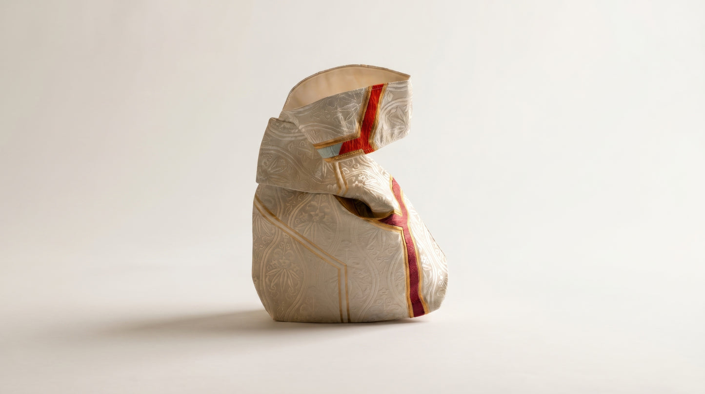 Japanese Ceremonial Silk Knot Bag – The Yamamichi, Chevron and Kikkō Damask in Ivory and Scarlet