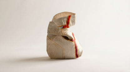 Japanese Ceremonial Silk Knot Bag – The Yamamichi, Chevron and Kikkō Damask in Ivory and Scarlet