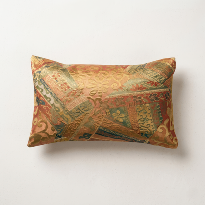 Japanese ceremonial silk lumbar pillow with yūsoku court pattern in coral and gold — Renaras atelier