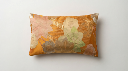 Japanese ceremonial silk lumbar pillow with momiji maple cascade in amber and persimmon — Renaras atelier