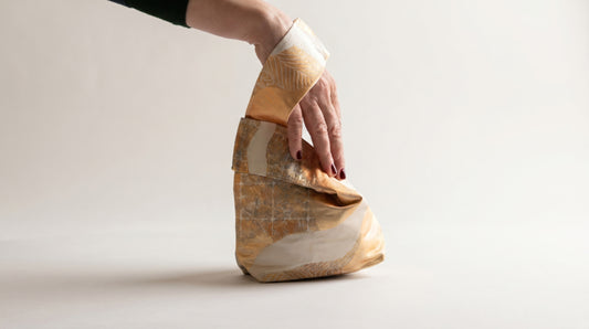Japanese Ceremonial Silk Knot Bag – The Tsugihagi no Hikari, Patchwork Weaves in Champagne Gold