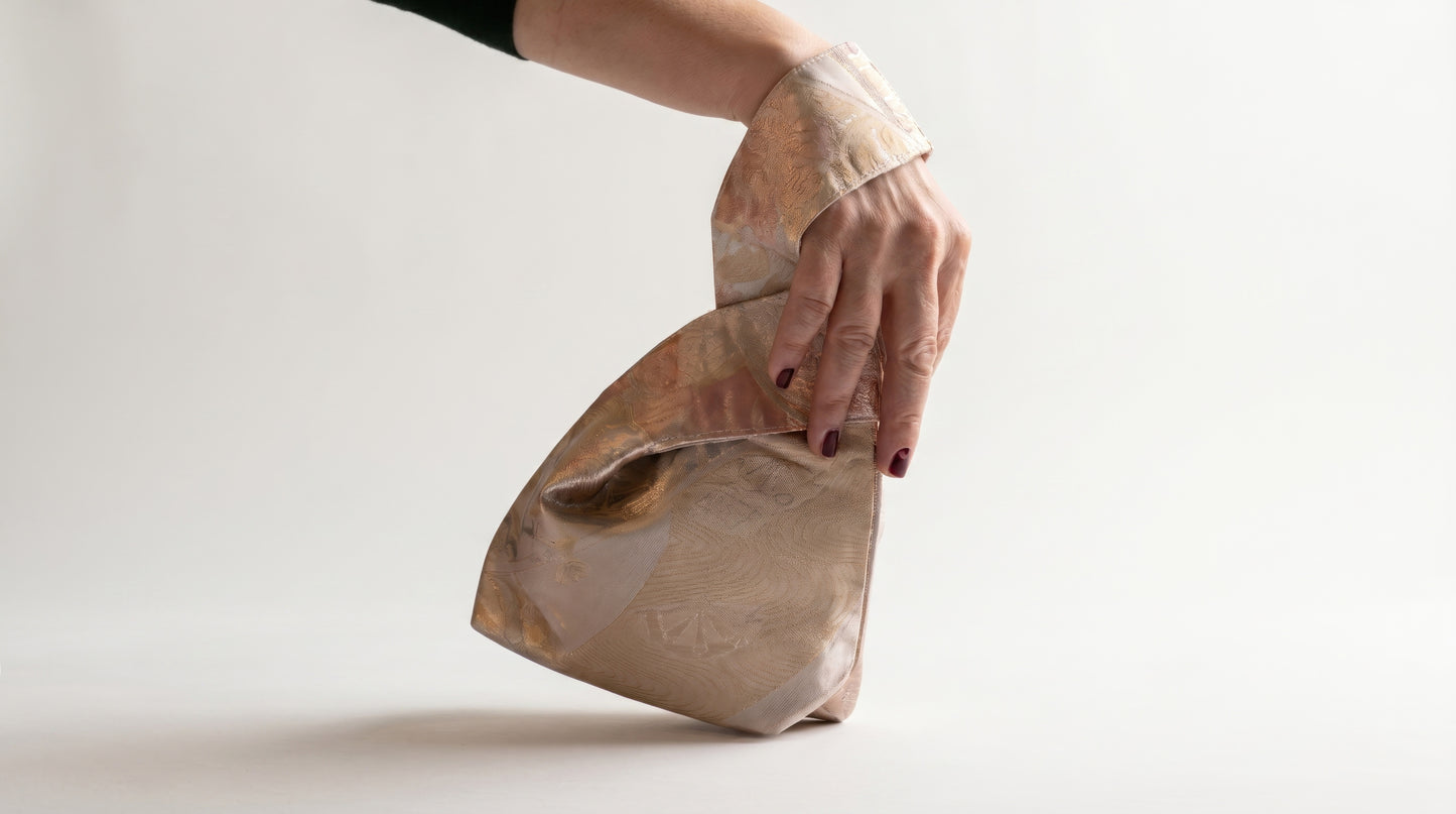 Japanese Ceremonial Silk Knot Bag – The Yume no Kasumi, Karakusa Damask in Blush and Copper