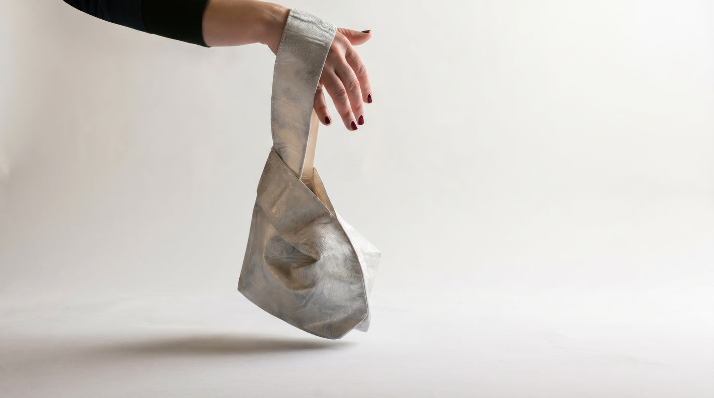 Japanese Ceremonial Silk Knot Bag – The Gin no Ame, Silver Karakusa Damask in Platinum Silver
