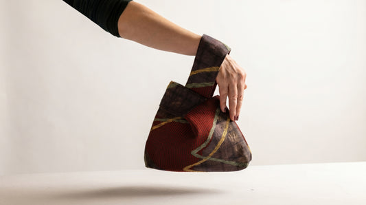 Japanese Ceremonial Silk Knot Bag – The Inazuma, Diagonal Lines on Patchwork in Oxblood and Gold