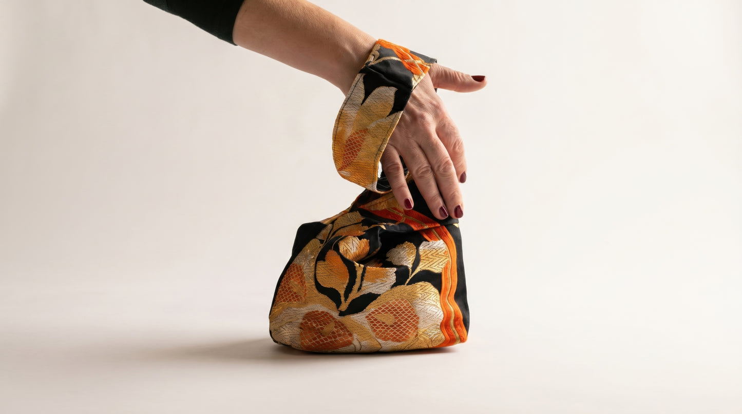 Japanese Ceremonial Silk Knot Bag – The Kikkō no Hana, Kiku and Kikkō Lattice in Black and Vermillion