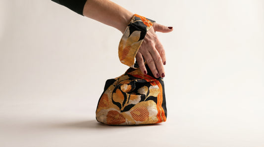 Japanese Ceremonial Silk Knot Bag – The Kikkō no Hana, Kiku and Kikkō Lattice in Black and Vermillion