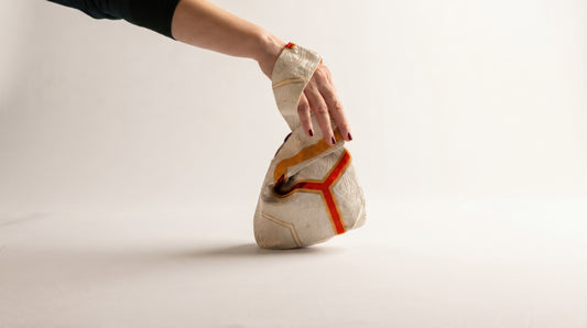 Japanese Ceremonial Silk Knot Bag – The Yamamichi, Chevron and Kikkō Damask in Ivory and Scarlet