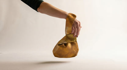 Japanese Ceremonial Silk Knot Bag – The Yamane no Hi, Geometric Patchwork in Mustard and Rust