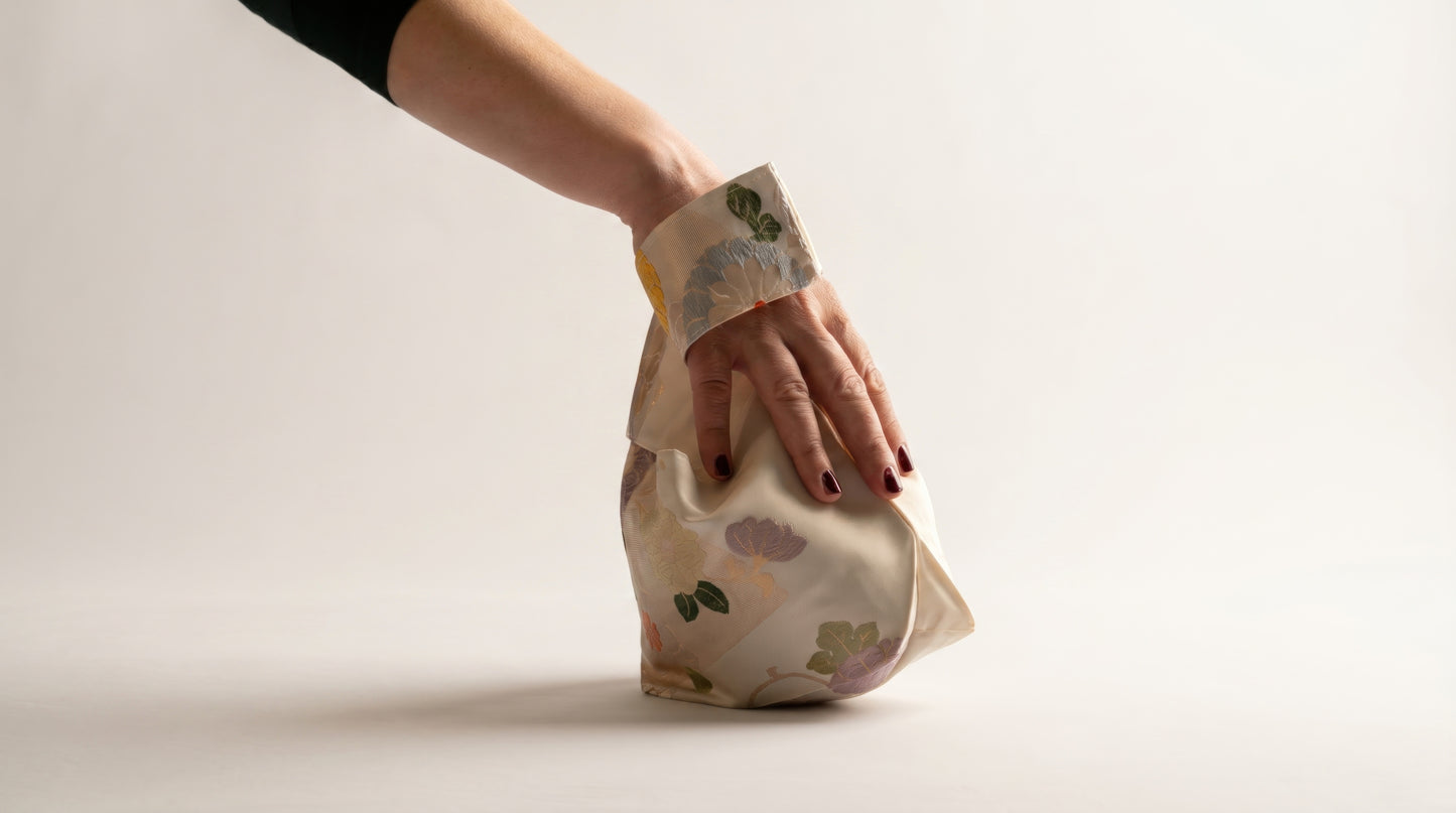 Japanese Ceremonial Silk Knot Bag – The Hana no Tegami, Kiku and Peonies in Cream and Marigold